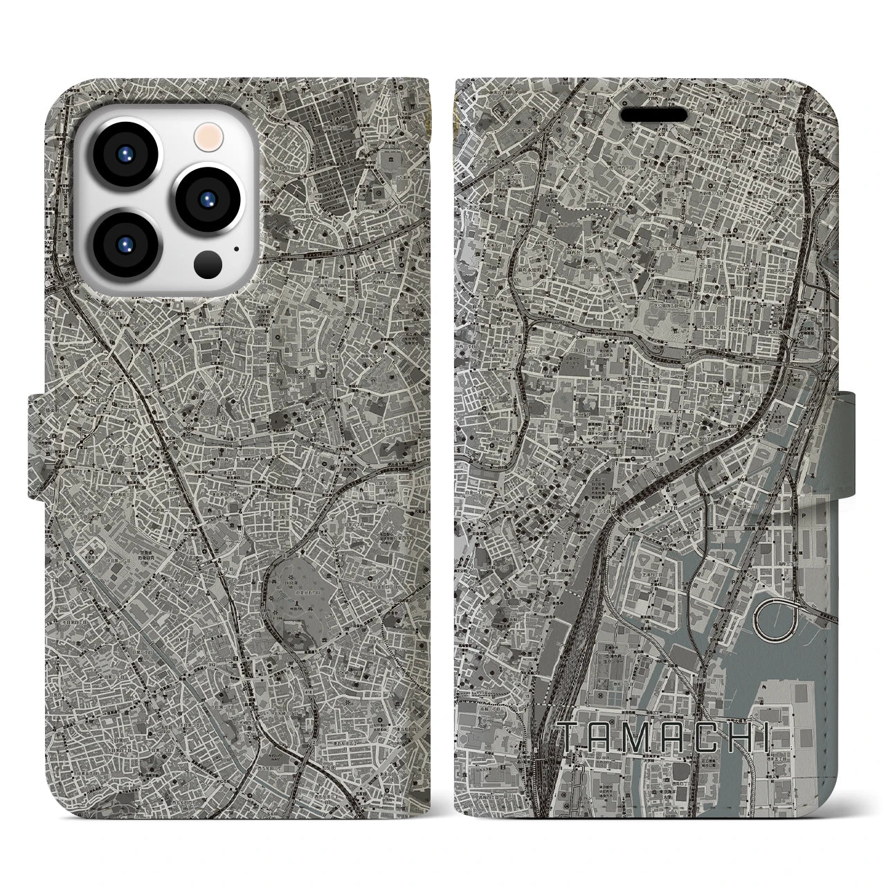【田町】地図柄iPhoneケース（手帳両面タイプ・モノトーン）iPhone 13 Pro 用
