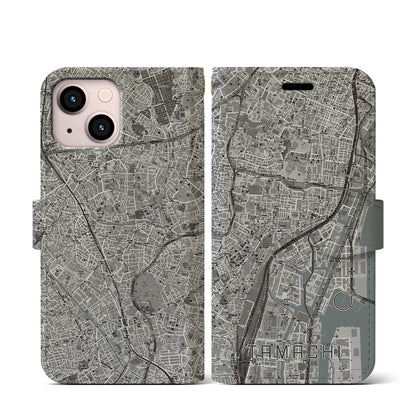 【田町（東京都）】地図柄iPhoneケース（手帳タイプ）モノトーン・iPhone 13 mini 用