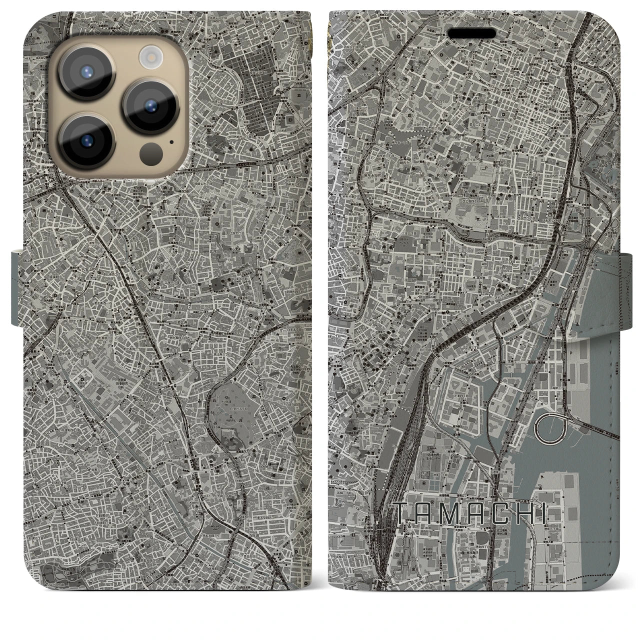 【田町】地図柄iPhoneケース（手帳両面タイプ・モノトーン）iPhone 14 Pro Max 用