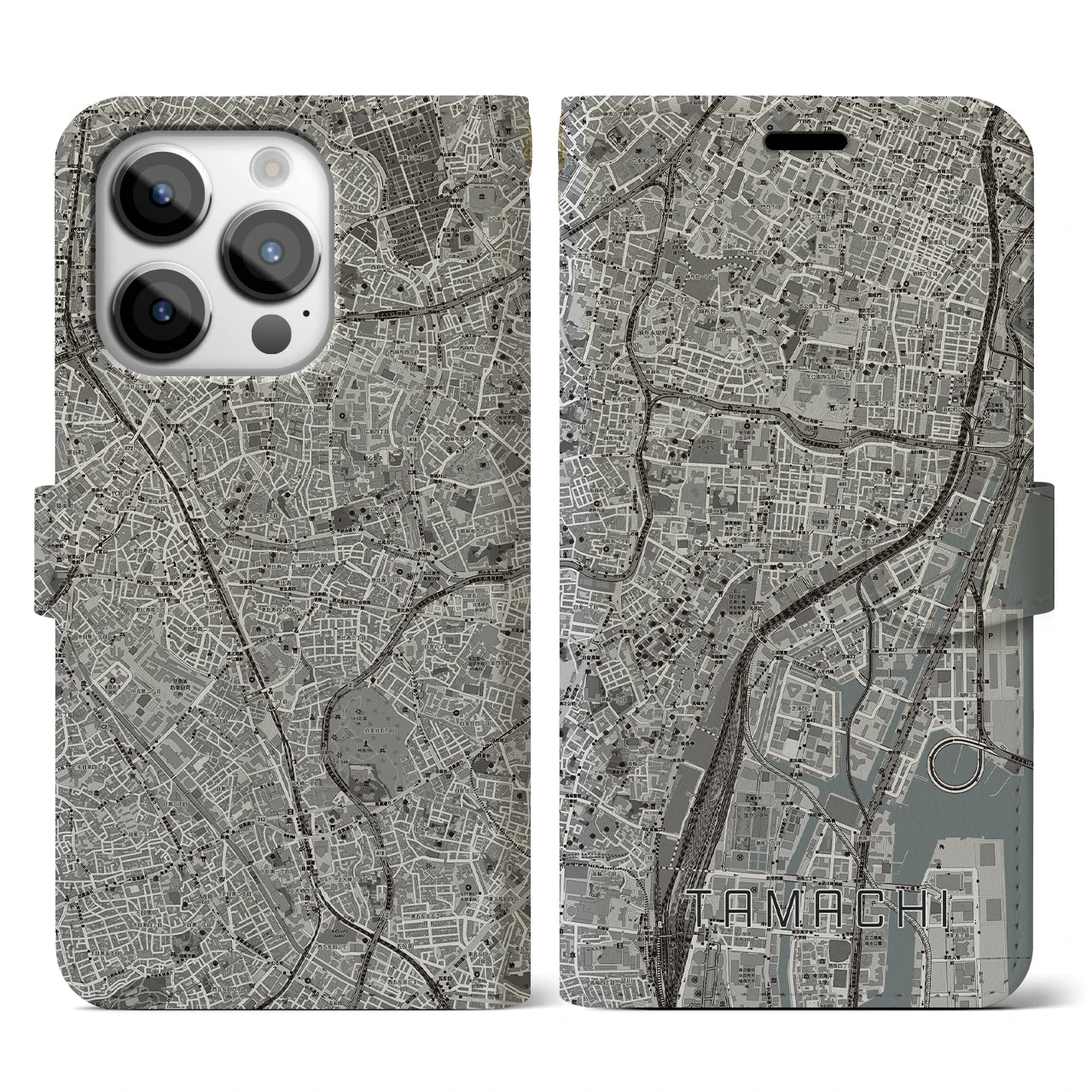 【田町】地図柄iPhoneケース（手帳両面タイプ・モノトーン）iPhone 14 Pro 用