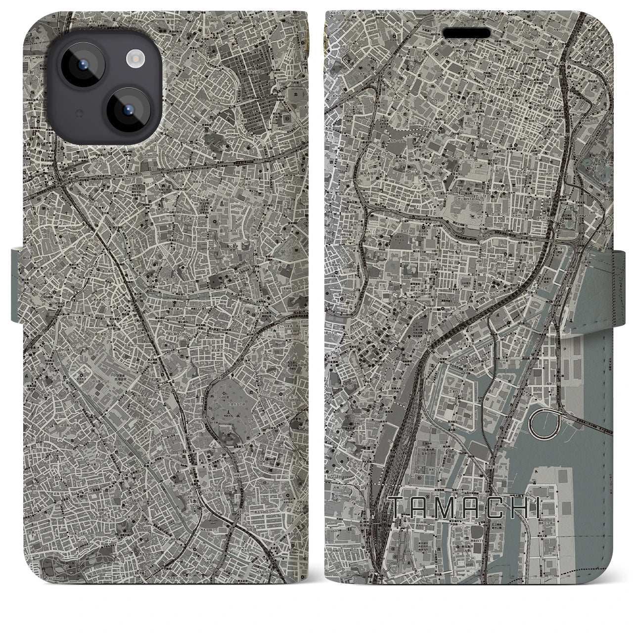 【田町】地図柄iPhoneケース（手帳両面タイプ・モノトーン）iPhone 14 Plus 用