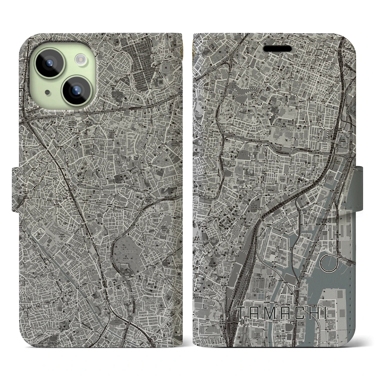 【田町】地図柄iPhoneケース（手帳両面タイプ・モノトーン）iPhone 15 用