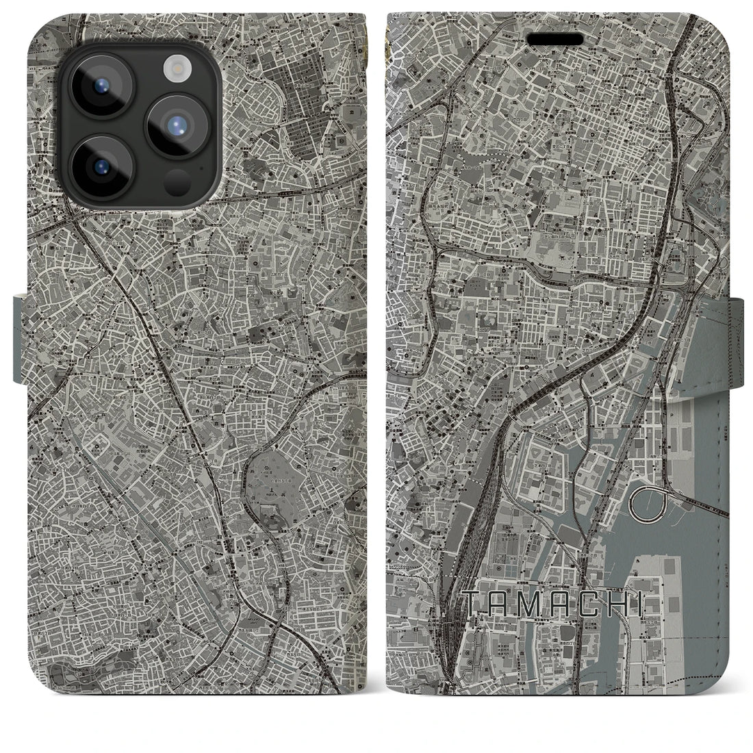 【田町】地図柄iPhoneケース（手帳両面タイプ・モノトーン）iPhone 15 Pro Max 用