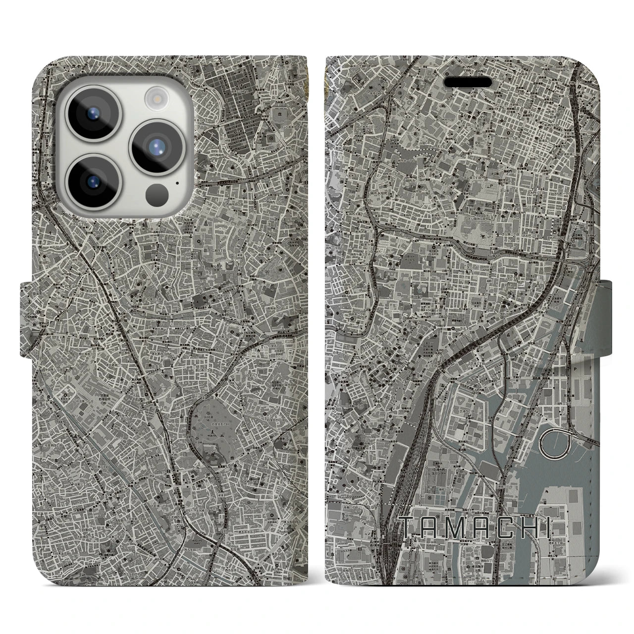【田町】地図柄iPhoneケース（手帳両面タイプ・モノトーン）iPhone 15 Pro 用