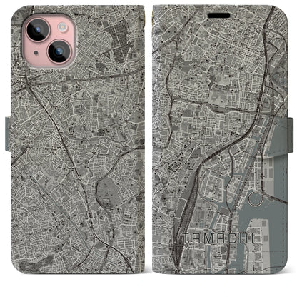 【田町（東京都）】地図柄iPhoneケース（手帳タイプ）モノトーン・iPhone 15 Plus 用