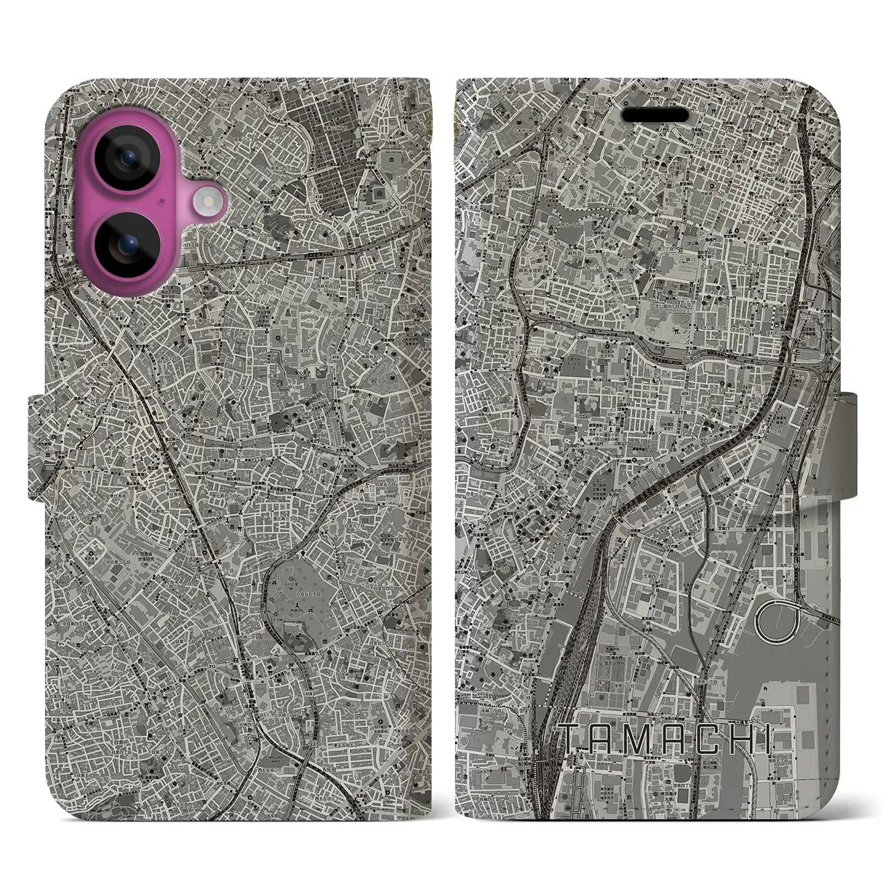 【田町（東京都）】地図柄iPhoneケース（手帳タイプ）モノトーン・iPhone 16 Pro 用