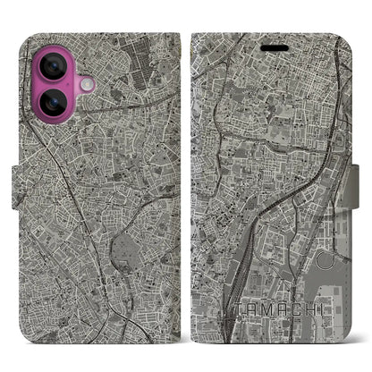 【田町（東京都）】地図柄iPhoneケース（手帳タイプ）モノトーン・iPhone 16 Pro 用