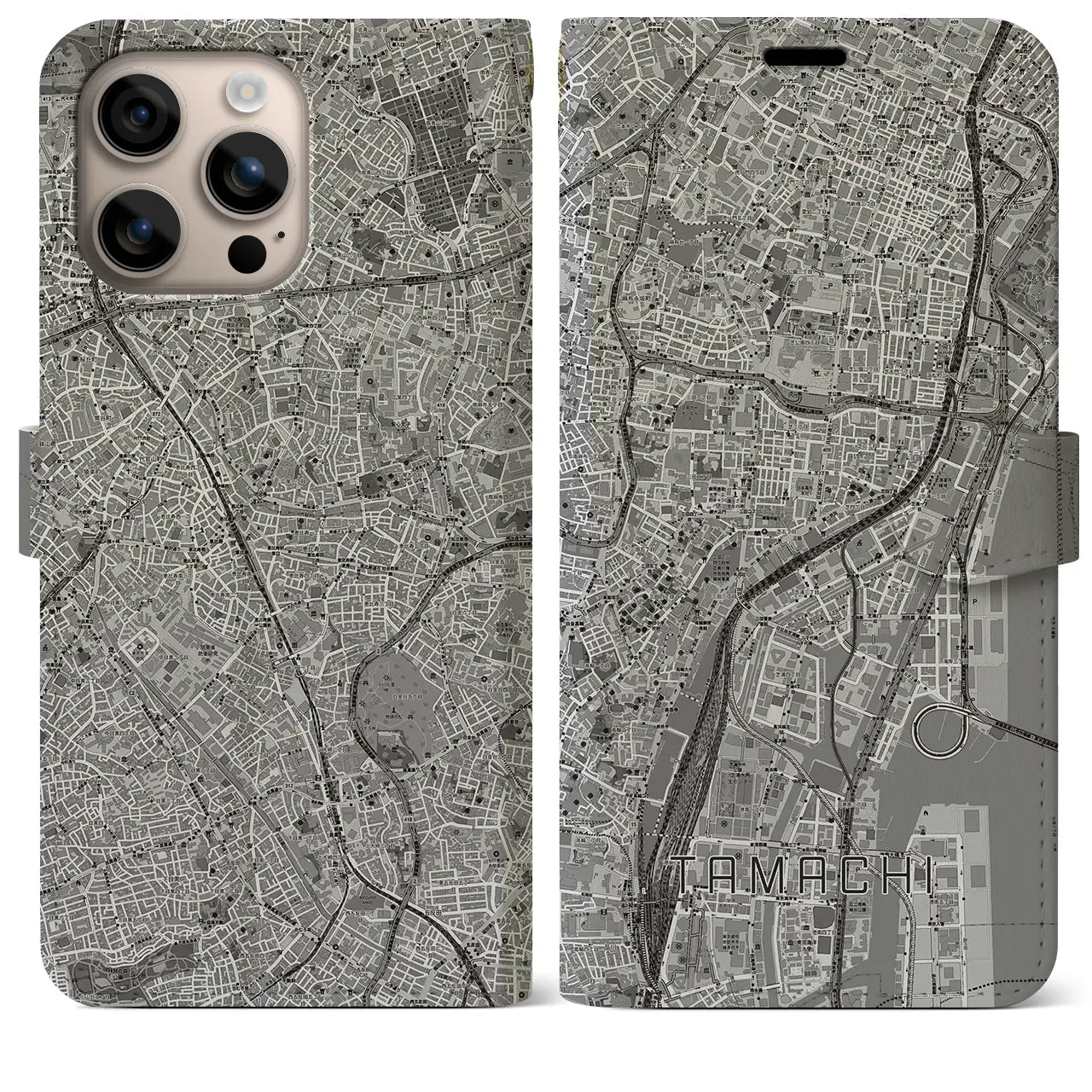 【田町（東京都）】地図柄iPhoneケース（手帳タイプ）モノトーン・iPhone 16 Plus 用