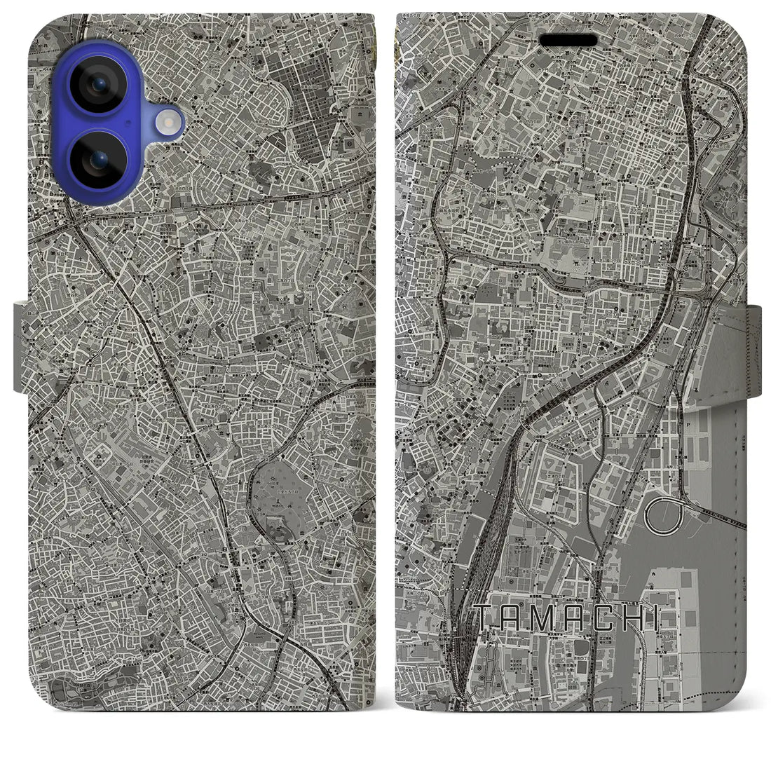 【田町(東京都)】地図柄iPhoneケース(手帳タイプ)モノトーン・iPhone 16 Pro Max 用