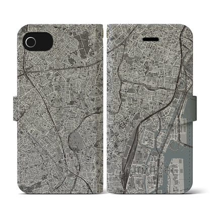 【田町（東京都）】地図柄iPhoneケース（手帳タイプ）モノトーン・iPhone SE（第3 / 第2世代） / 8 / 7 / 6s / 6 用