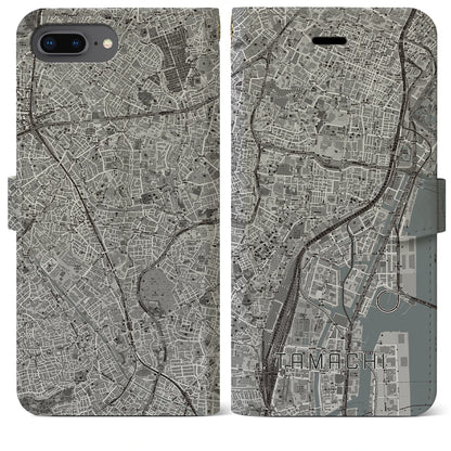 【田町（東京都）】地図柄iPhoneケース（手帳タイプ）モノトーン・iPhone 8Plus /7Plus / 6sPlus / 6Plus 用