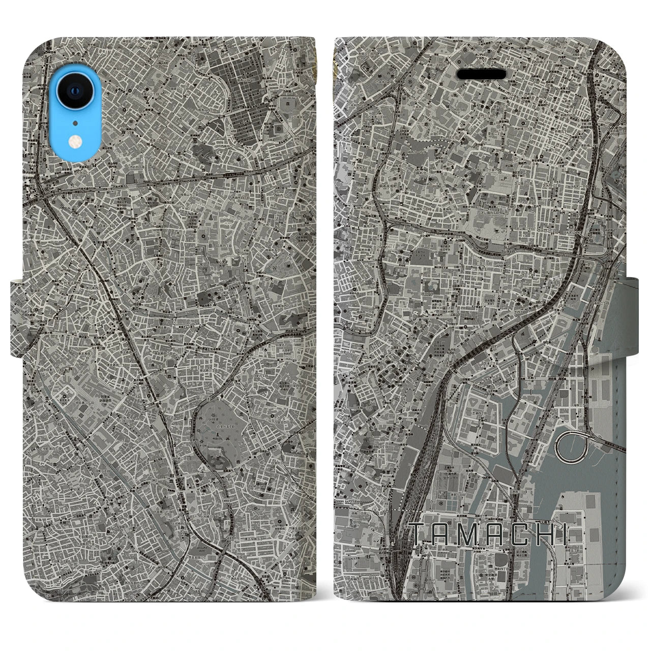 【田町】地図柄iPhoneケース（手帳両面タイプ・モノトーン）iPhone XR 用