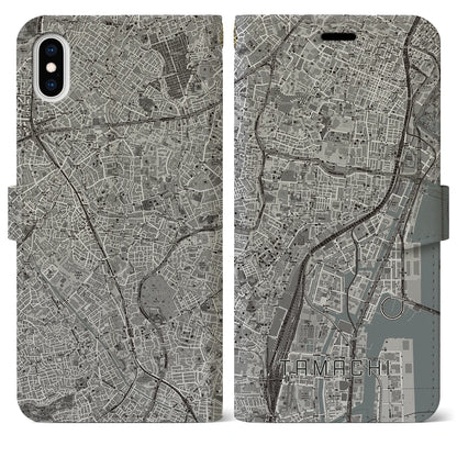 【田町（東京都）】地図柄iPhoneケース（手帳タイプ）モノトーン・iPhone XS Max 用