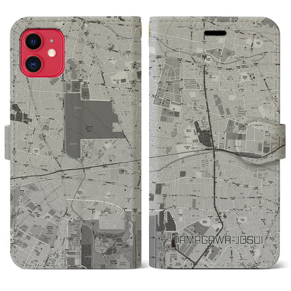【玉川上水（東京都）】地図柄iPhoneケース（手帳タイプ）モノトーン・iPhone 11 用