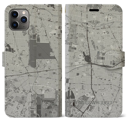 【玉川上水（東京都）】地図柄iPhoneケース（手帳タイプ）モノトーン・iPhone 11 Pro Max 用