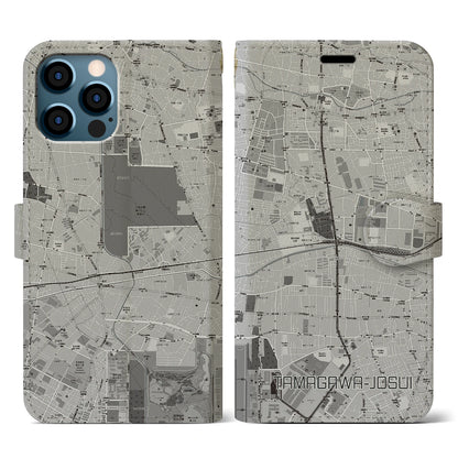 【玉川上水（東京都）】地図柄iPhoneケース（手帳タイプ）モノトーン・iPhone 12 / 12 Pro 用