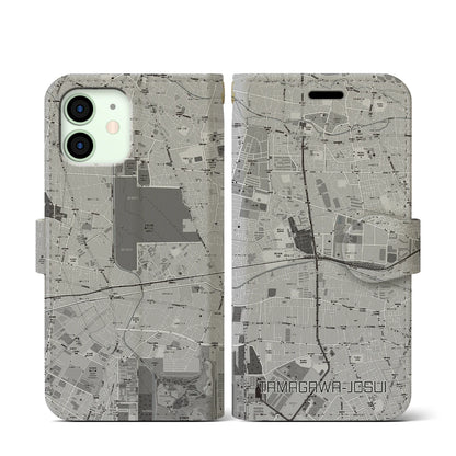 【玉川上水（東京都）】地図柄iPhoneケース（手帳タイプ）モノトーン・iPhone 12 mini 用