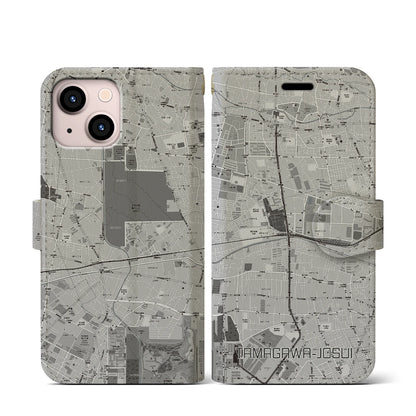 【玉川上水（東京都）】地図柄iPhoneケース（手帳タイプ）モノトーン・iPhone 13 mini 用