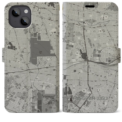 【玉川上水（東京都）】地図柄iPhoneケース（手帳タイプ）モノトーン・iPhone 14 Plus 用