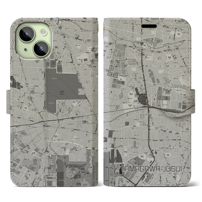 【玉川上水（東京都）】地図柄iPhoneケース（手帳タイプ）モノトーン・iPhone 15 用