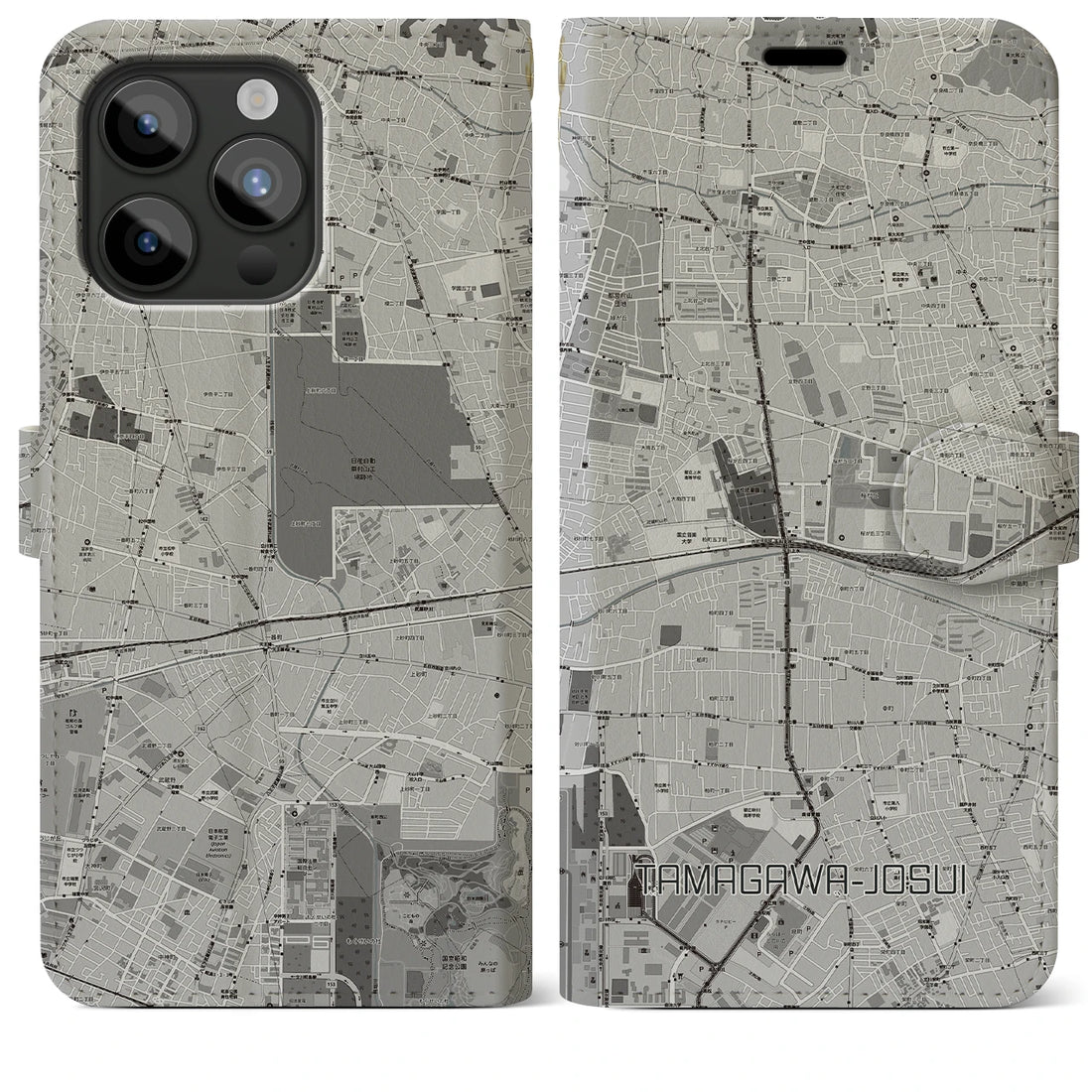 【玉川上水】地図柄iPhoneケース（手帳両面タイプ・モノトーン）iPhone 15 Pro Max 用