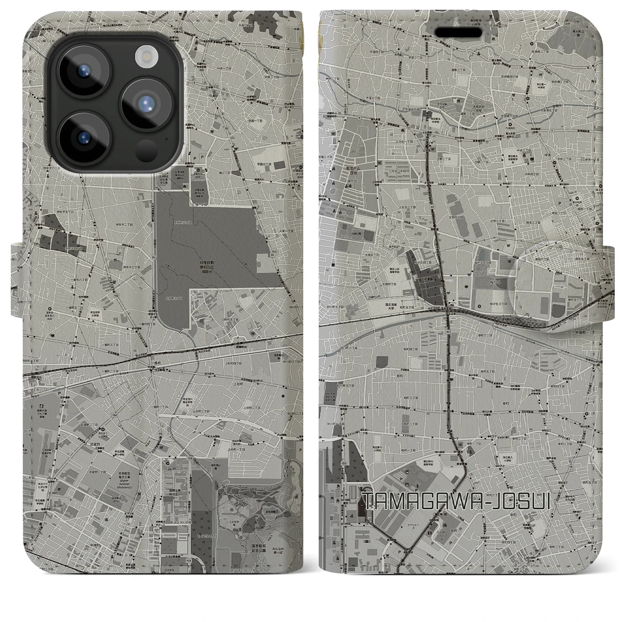 【玉川上水】地図柄iPhoneケース（手帳両面タイプ・モノトーン）iPhone 15 Pro Max 用