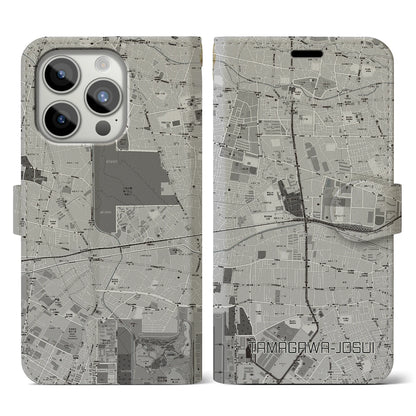 【玉川上水（東京都）】地図柄iPhoneケース（手帳タイプ）モノトーン・iPhone 15 Pro 用