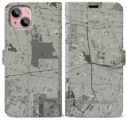 【玉川上水（東京都）】地図柄iPhoneケース（手帳タイプ）モノトーン・iPhone 15 Plus 用