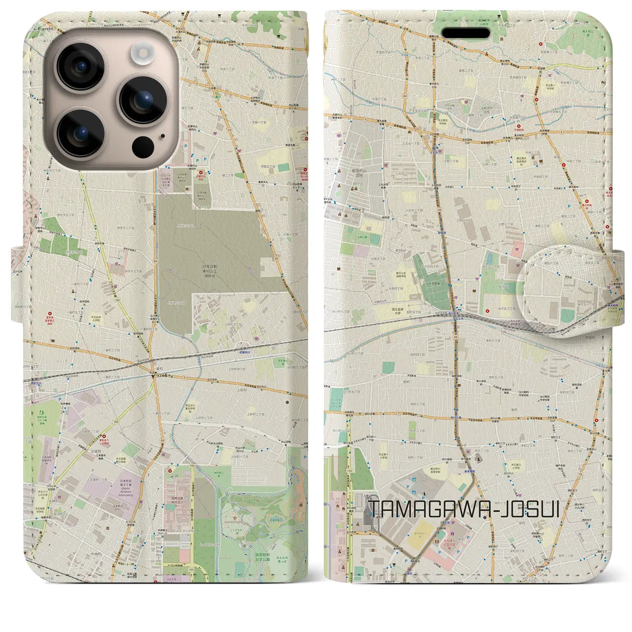 【玉川上水（東京都）】地図柄iPhoneケース（手帳タイプ）ナチュラル・iPhone 16 Plus 用