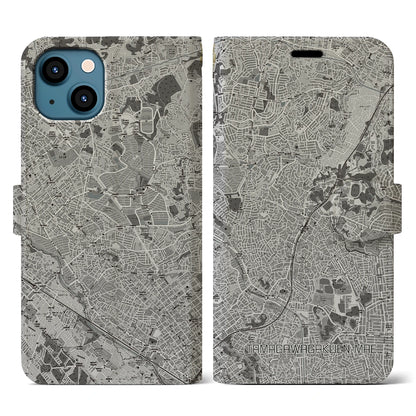 【玉川学園前（東京都）】地図柄iPhoneケース（手帳タイプ）モノトーン・iPhone 13 用