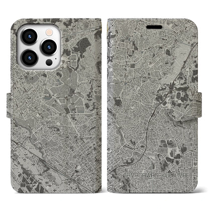 【玉川学園前（東京都）】地図柄iPhoneケース（手帳タイプ）モノトーン・iPhone 13 Pro 用