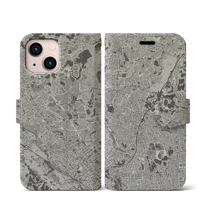 【玉川学園前（東京都）】地図柄iPhoneケース（手帳タイプ）モノトーン・iPhone 13 mini 用