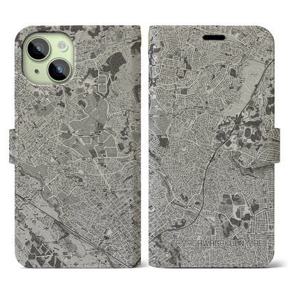 【玉川学園前（東京都）】地図柄iPhoneケース（手帳タイプ）モノトーン・iPhone 15 用