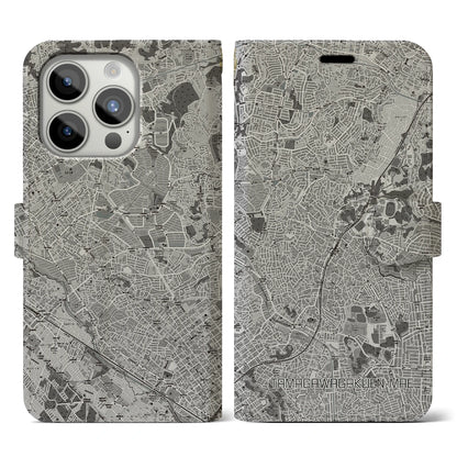 【玉川学園前（東京都）】地図柄iPhoneケース（手帳タイプ）モノトーン・iPhone 15 Pro 用