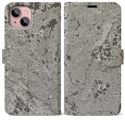 【玉川学園前（東京都）】地図柄iPhoneケース（手帳タイプ）モノトーン・iPhone 15 Plus 用