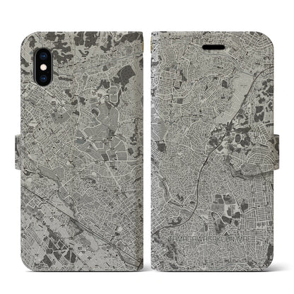 【玉川学園前（東京都）】地図柄iPhoneケース（手帳タイプ）モノトーン・iPhone XS / X 用