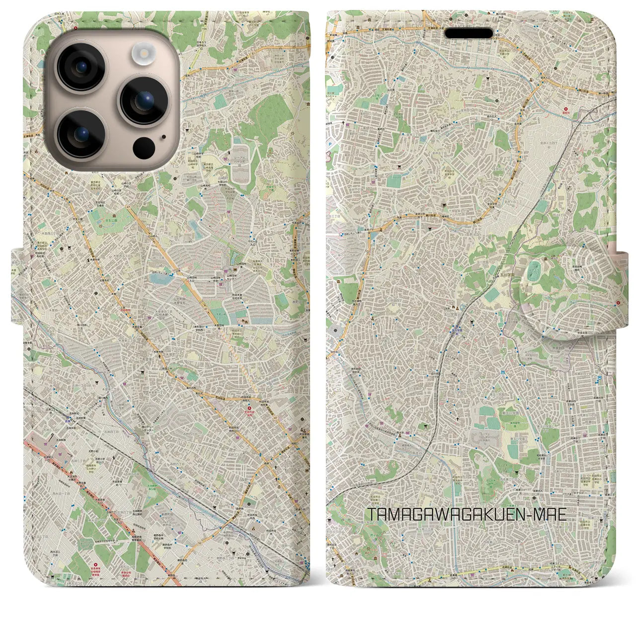 【玉川学園前（東京都）】地図柄iPhoneケース（手帳タイプ）ナチュラル・iPhone 16 Plus 用