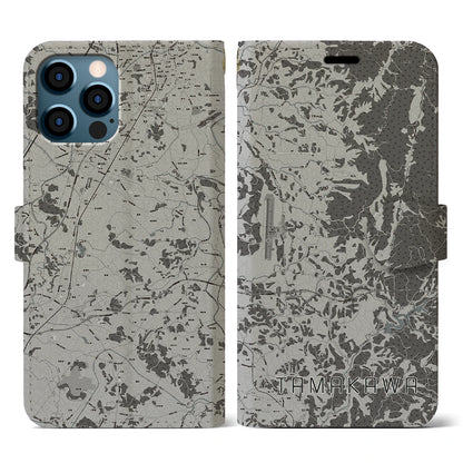 【玉川（福島県）】地図柄iPhoneケース（手帳タイプ）モノトーン・iPhone 12 / 12 Pro 用