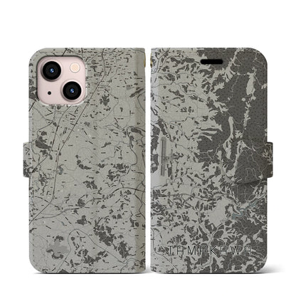 【玉川（福島県）】地図柄iPhoneケース（手帳タイプ）モノトーン・iPhone 13 mini 用