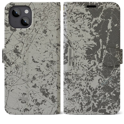 【玉川（福島県）】地図柄iPhoneケース（手帳タイプ）モノトーン・iPhone 14 Plus 用