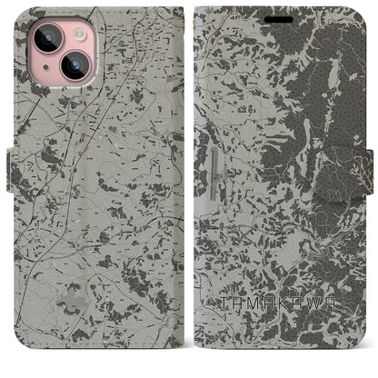 【玉川（福島県）】地図柄iPhoneケース（手帳タイプ）モノトーン・iPhone 15 Plus 用