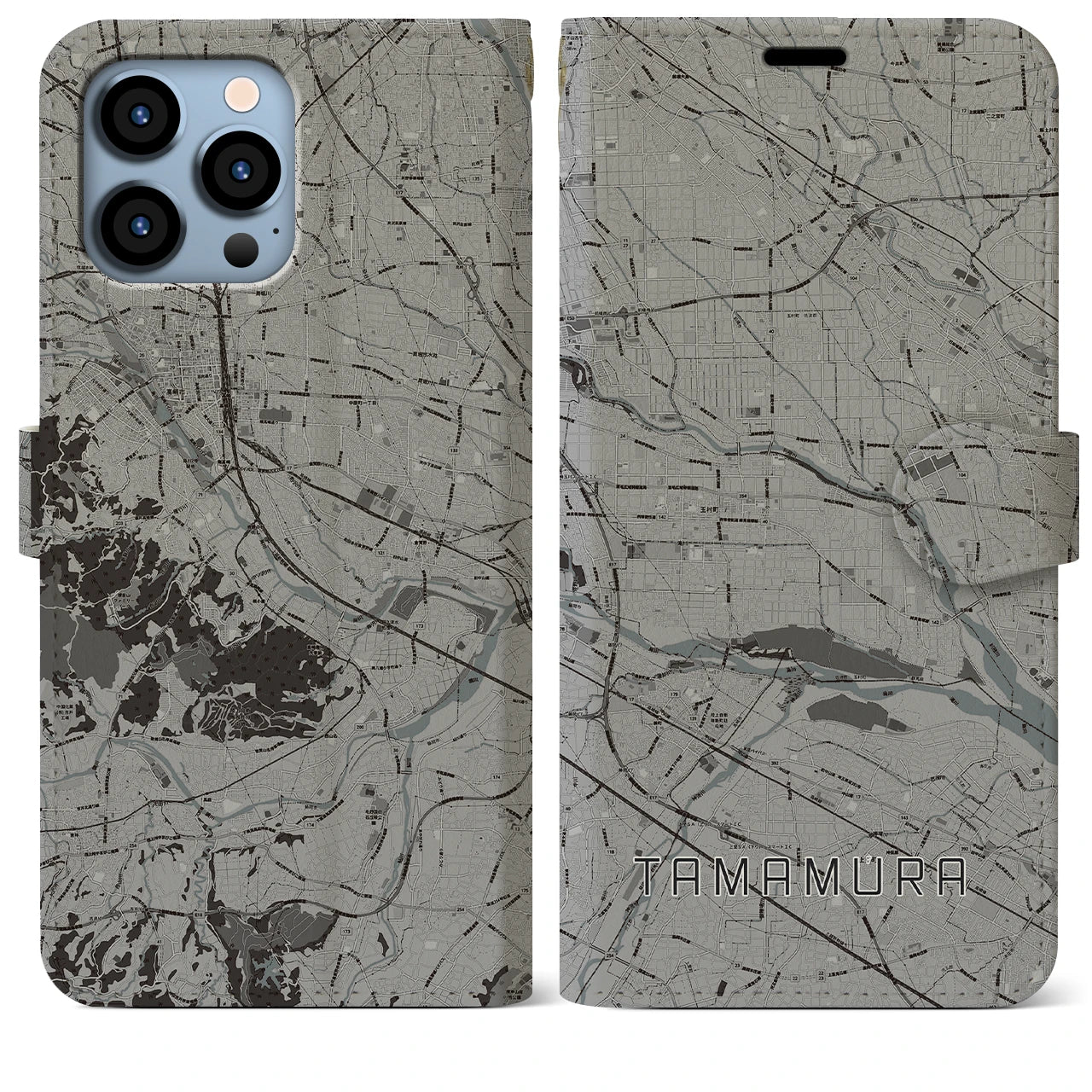 【玉村】地図柄iPhoneケース（手帳両面タイプ・モノトーン）iPhone 13 Pro Max 用