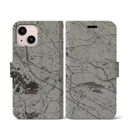 【玉村（群馬県）】地図柄iPhoneケース（手帳タイプ）モノトーン・iPhone 13 mini 用