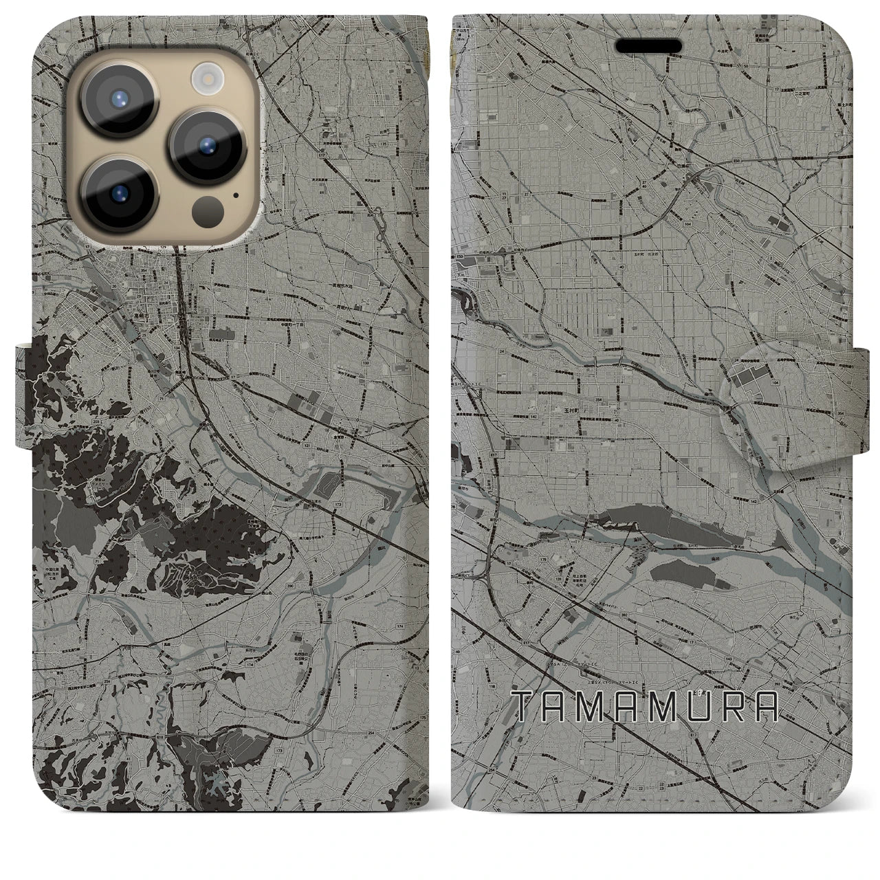 【玉村】地図柄iPhoneケース（手帳両面タイプ・モノトーン）iPhone 14 Pro Max 用
