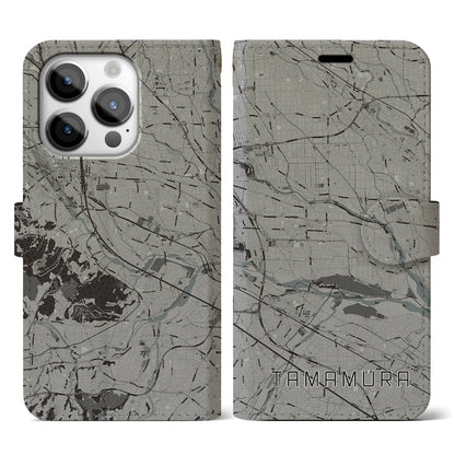 【玉村（群馬県）】地図柄iPhoneケース（手帳タイプ）モノトーン・iPhone 14 Pro 用