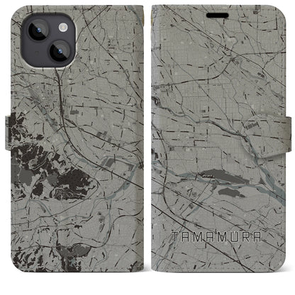 【玉村（群馬県）】地図柄iPhoneケース（手帳タイプ）モノトーン・iPhone 14 Plus 用