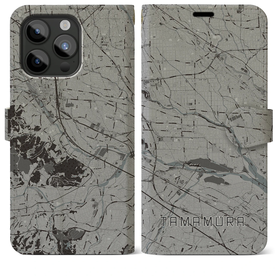 【玉村】地図柄iPhoneケース（手帳両面タイプ・モノトーン）iPhone 15 Pro Max 用