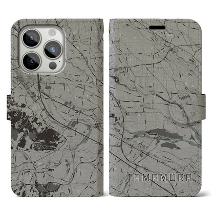 【玉村（群馬県）】地図柄iPhoneケース（手帳タイプ）モノトーン・iPhone 15 Pro 用