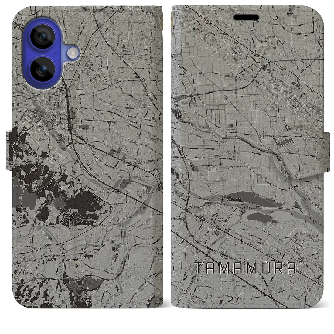 【玉村(群馬県)】地図柄iPhoneケース(手帳タイプ)モノトーン・iPhone 16 Pro Max 用