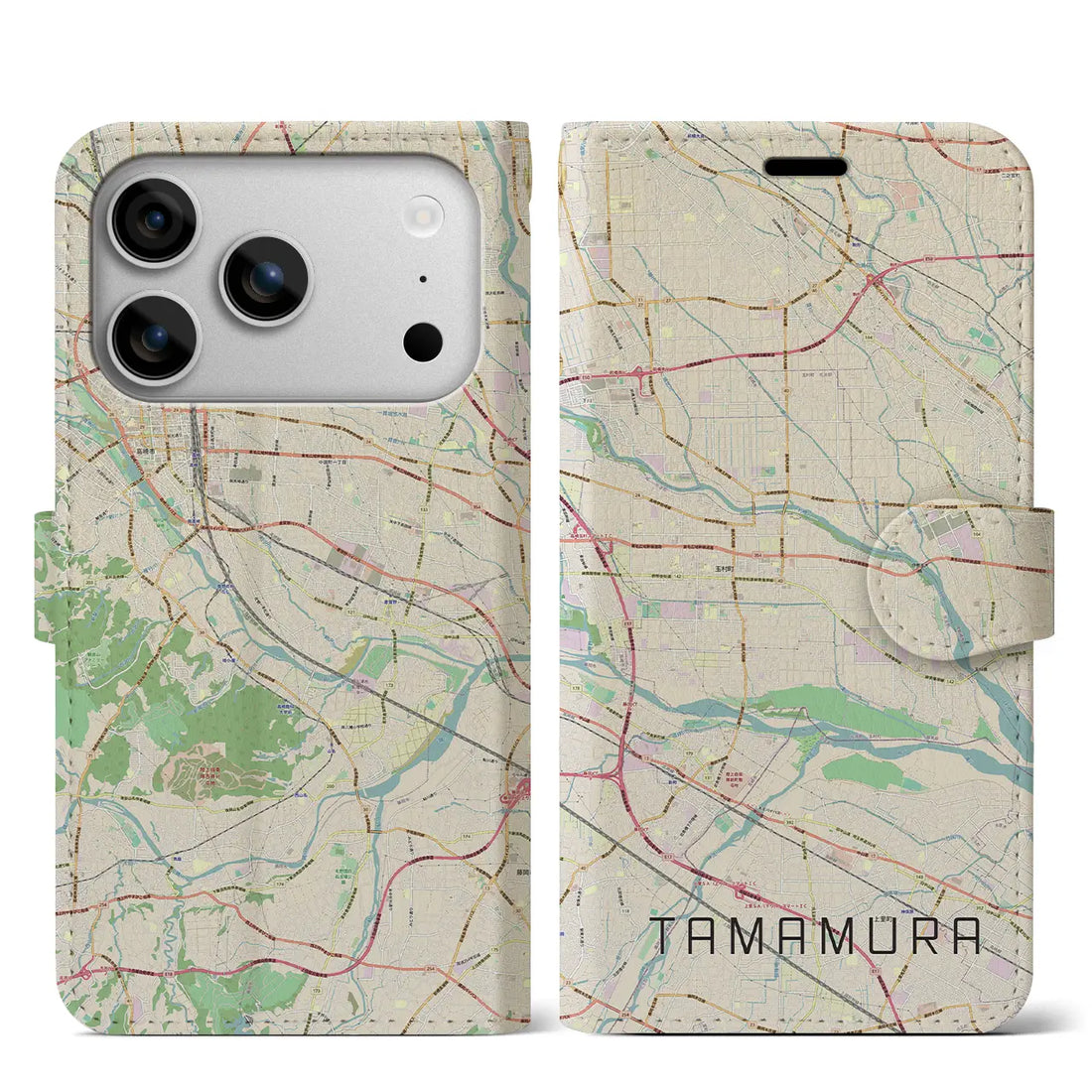 【玉村（群馬県）】地図柄iPhoneケース（手帳タイプ）ナチュラル・iPhone 17 Pro Max 用